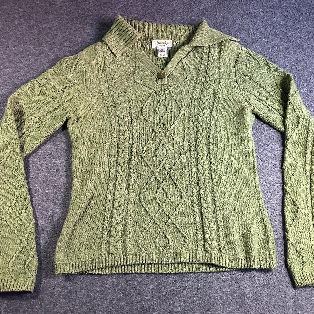 VTG Talbots Green Pullover Collared Sweater Cable  Knit Fisherman Women Petite M